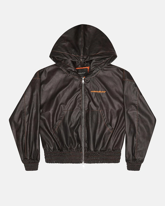 Cold Culture faux leather zip hoodie brown